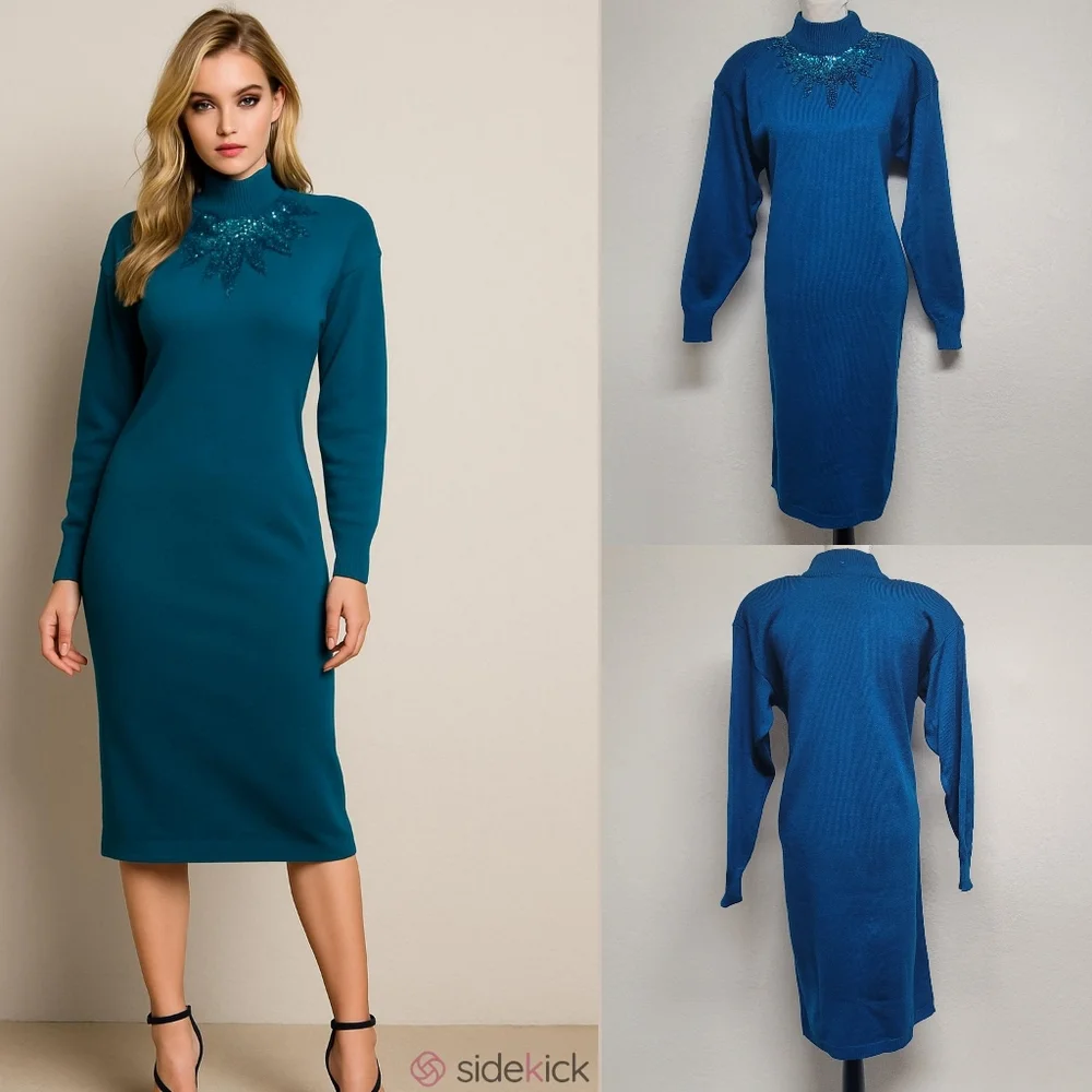 Deadstock Vintage 70s Darian Teal Sequin Starburst Mockneck Midi Sweater Dress M - Picture 1 of 12
